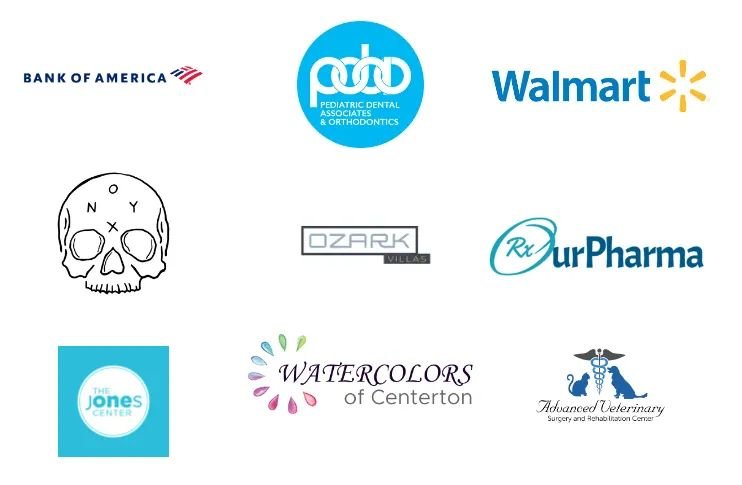 Client logos including Bank of America, Walmart, Pediatric Dental Associates, Ozark Villas, OurPharma, The Jones Center, Watercolors of Centerton and Advanced Veterinary